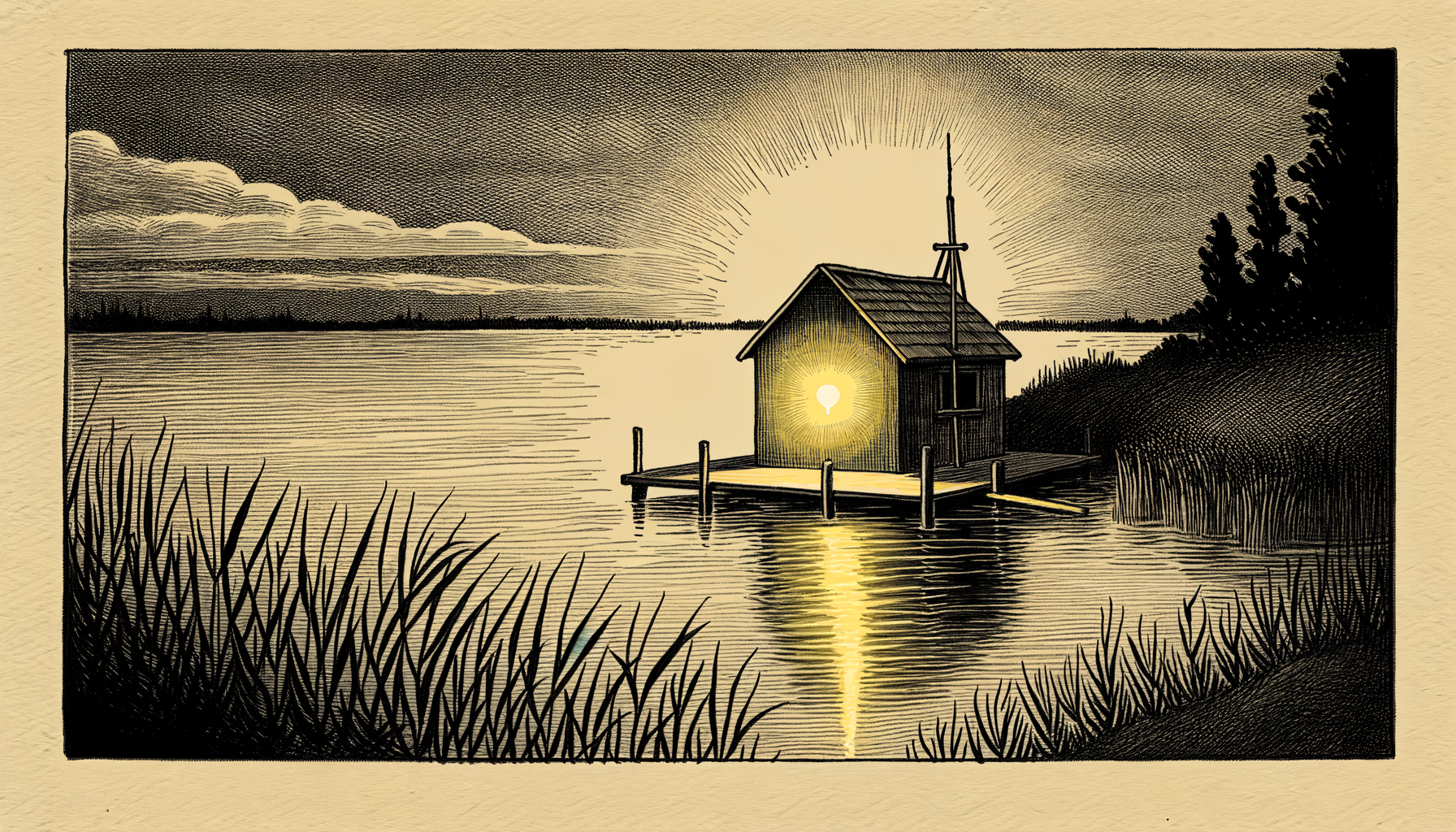 Pen-and-ink illustration of a small workshop on a quiet lakeshore at dawn, a single warm light in its window.